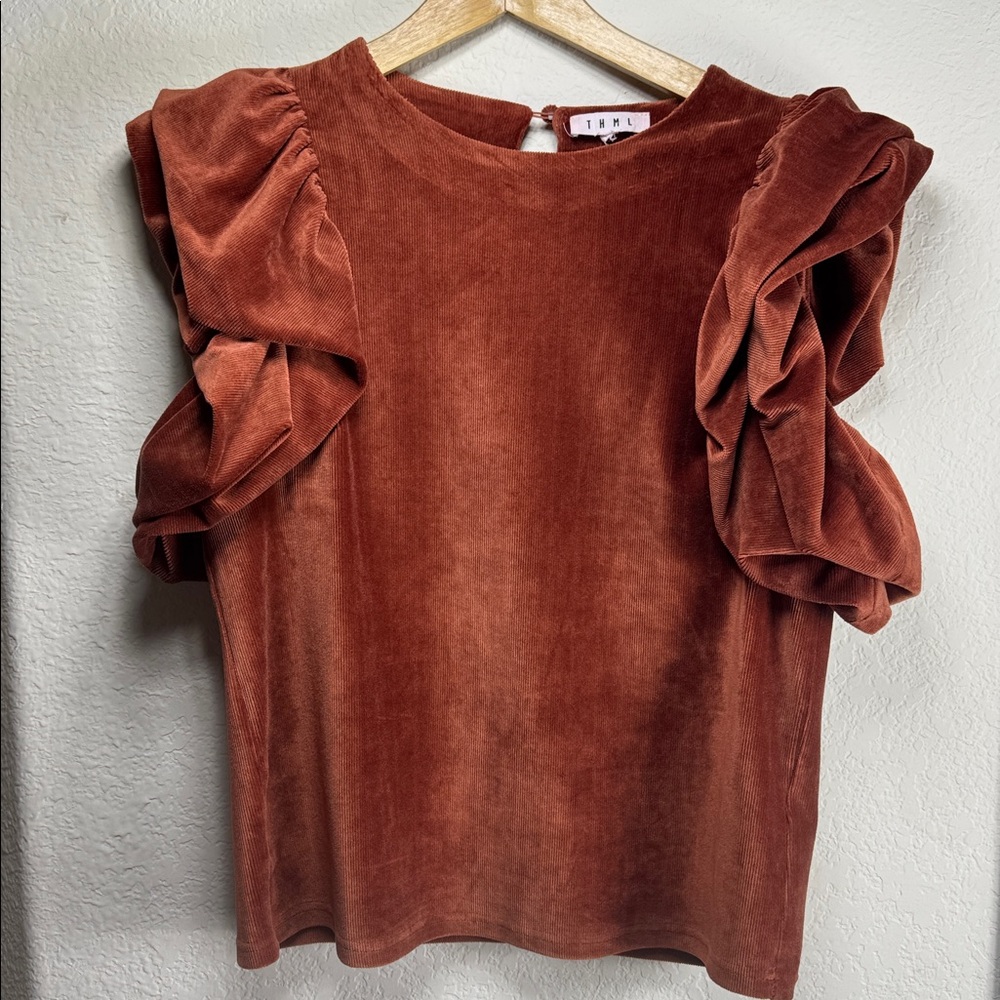 THML Rust Velvet Ruffle Sleeve Top - Picture 3 of 6